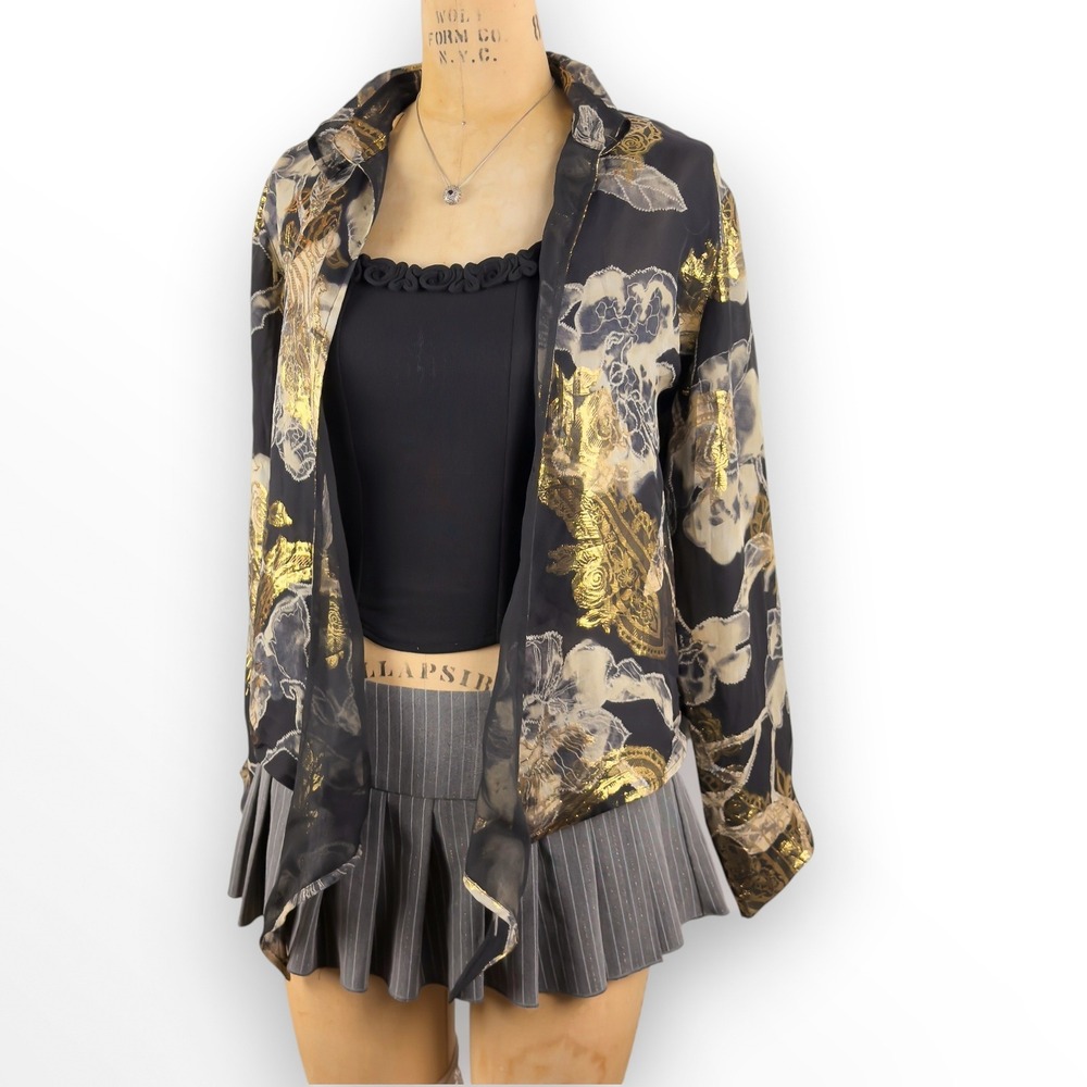 Vintage Silk Metallic Floral Open Blouse Sheer Gold Foil Whimsigoth‎ Size M